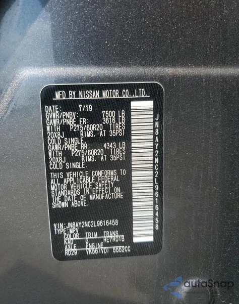 2020 Nissan Armada Sv from USA, damaged, VIN JN8AY2NC2L9616458